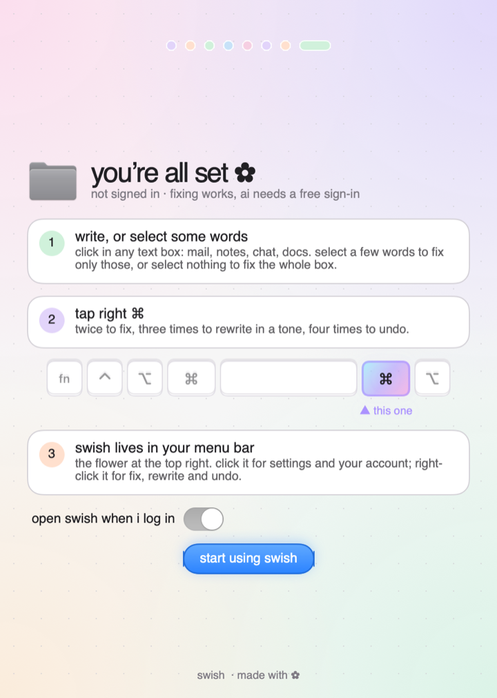The final welcome screen: how to use Swish, where it lives, and open-at-login.